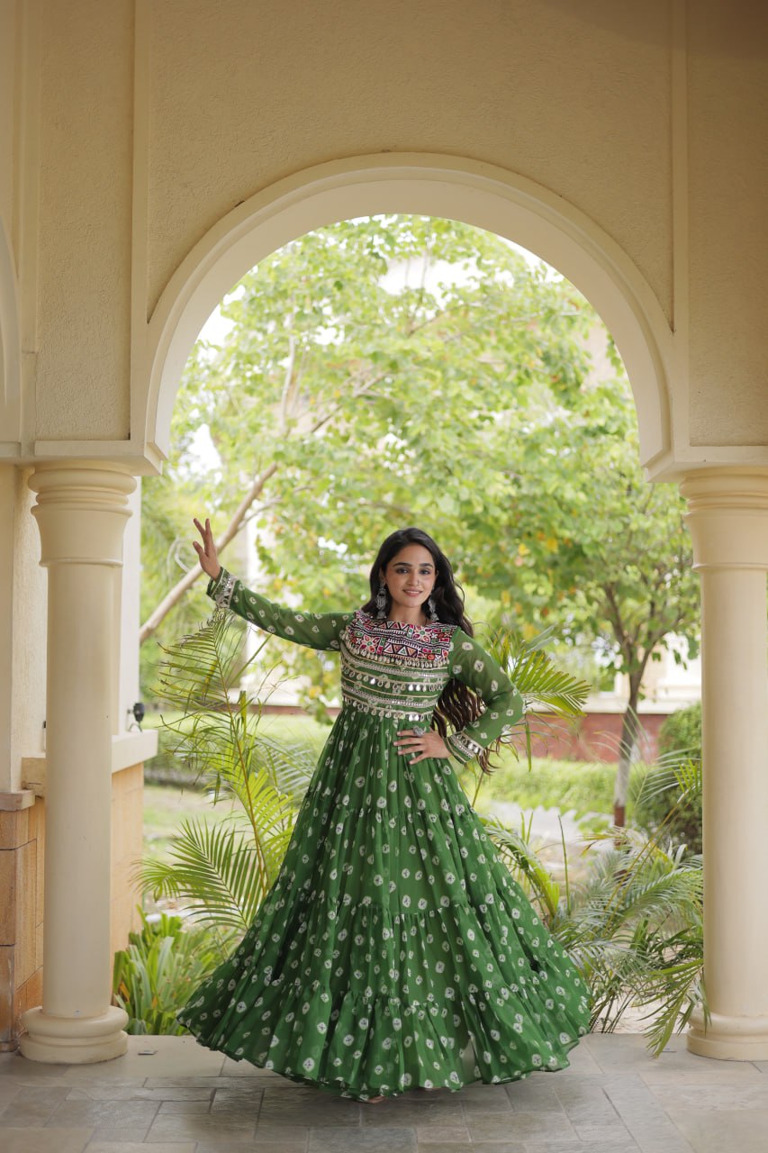 Green Bandhani Print Gown