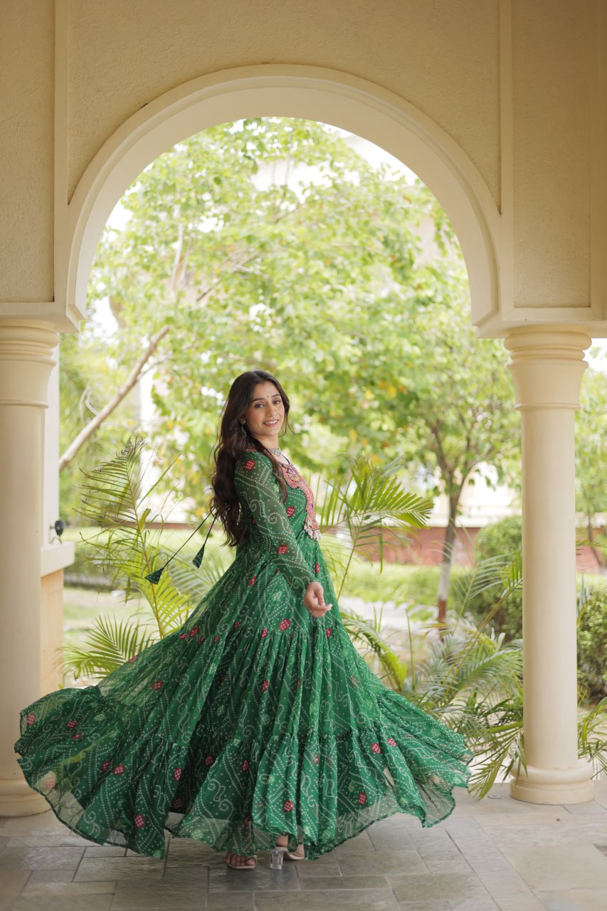 Green Bandhani Print Gown