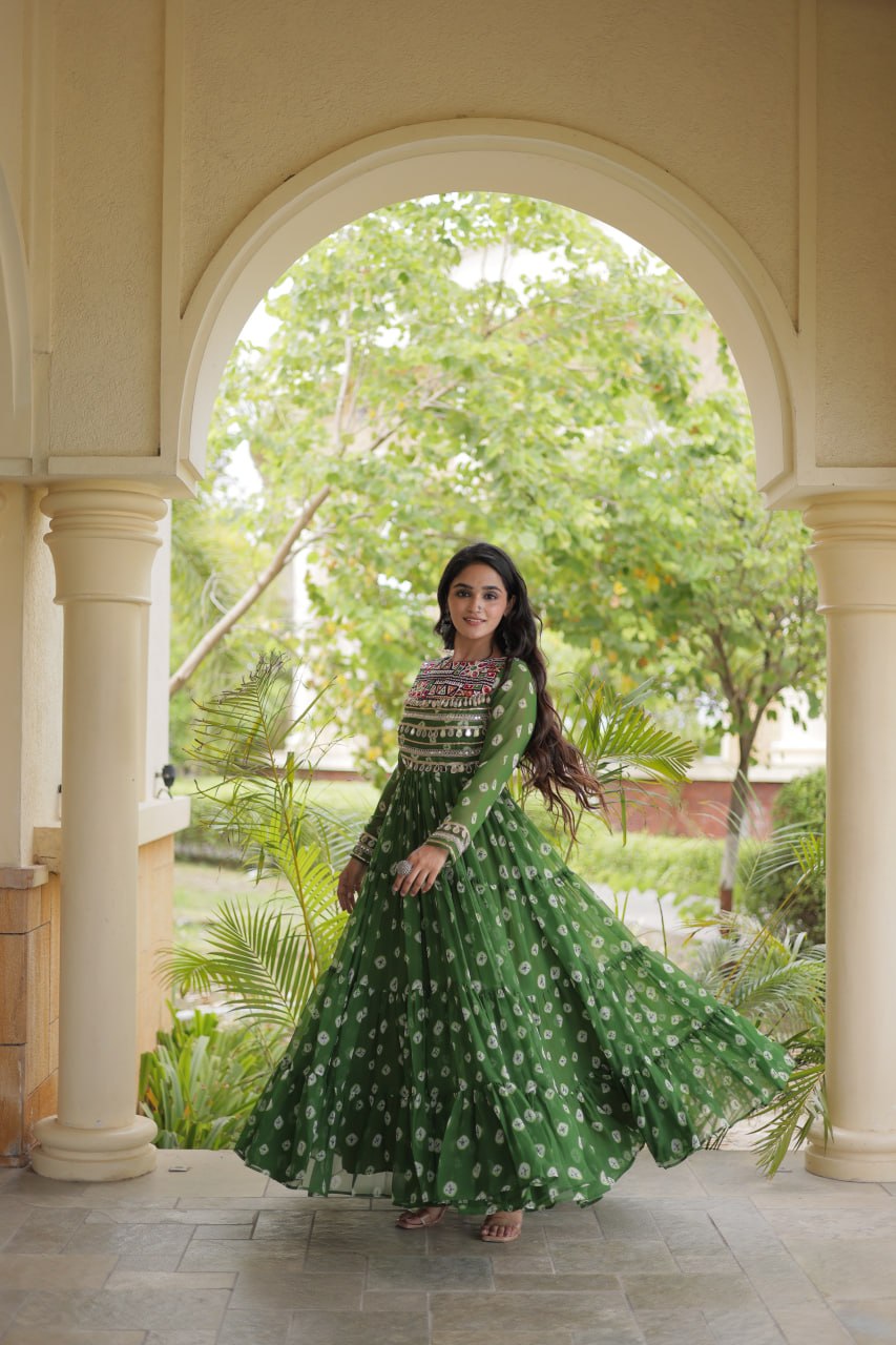 Green Bandhani Print Gown