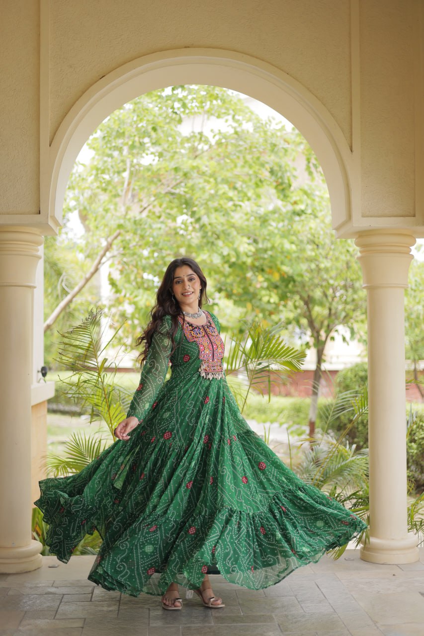 Green Bandhani Print Gown