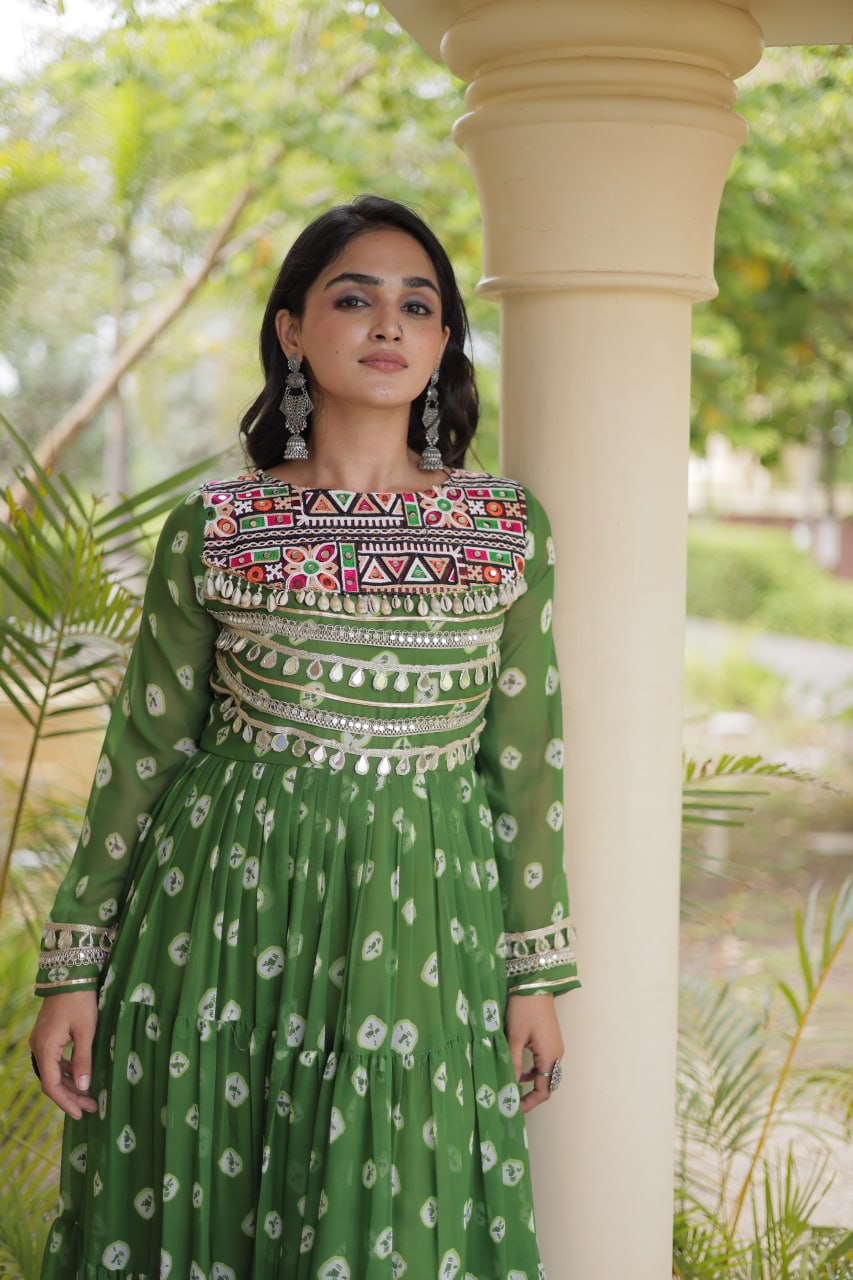 Green Bandhani Print Gown