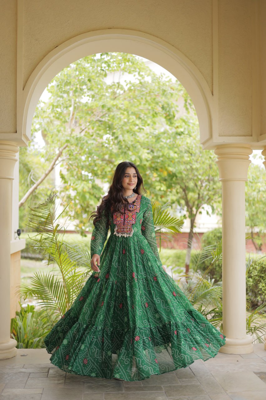 Green Bandhani Print Gown