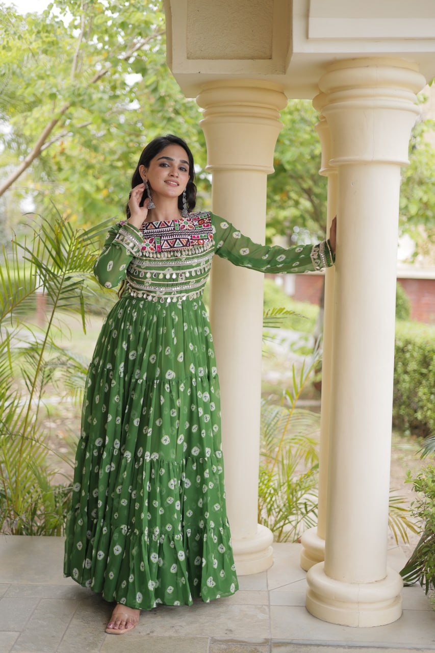Green Bandhani Print Gown