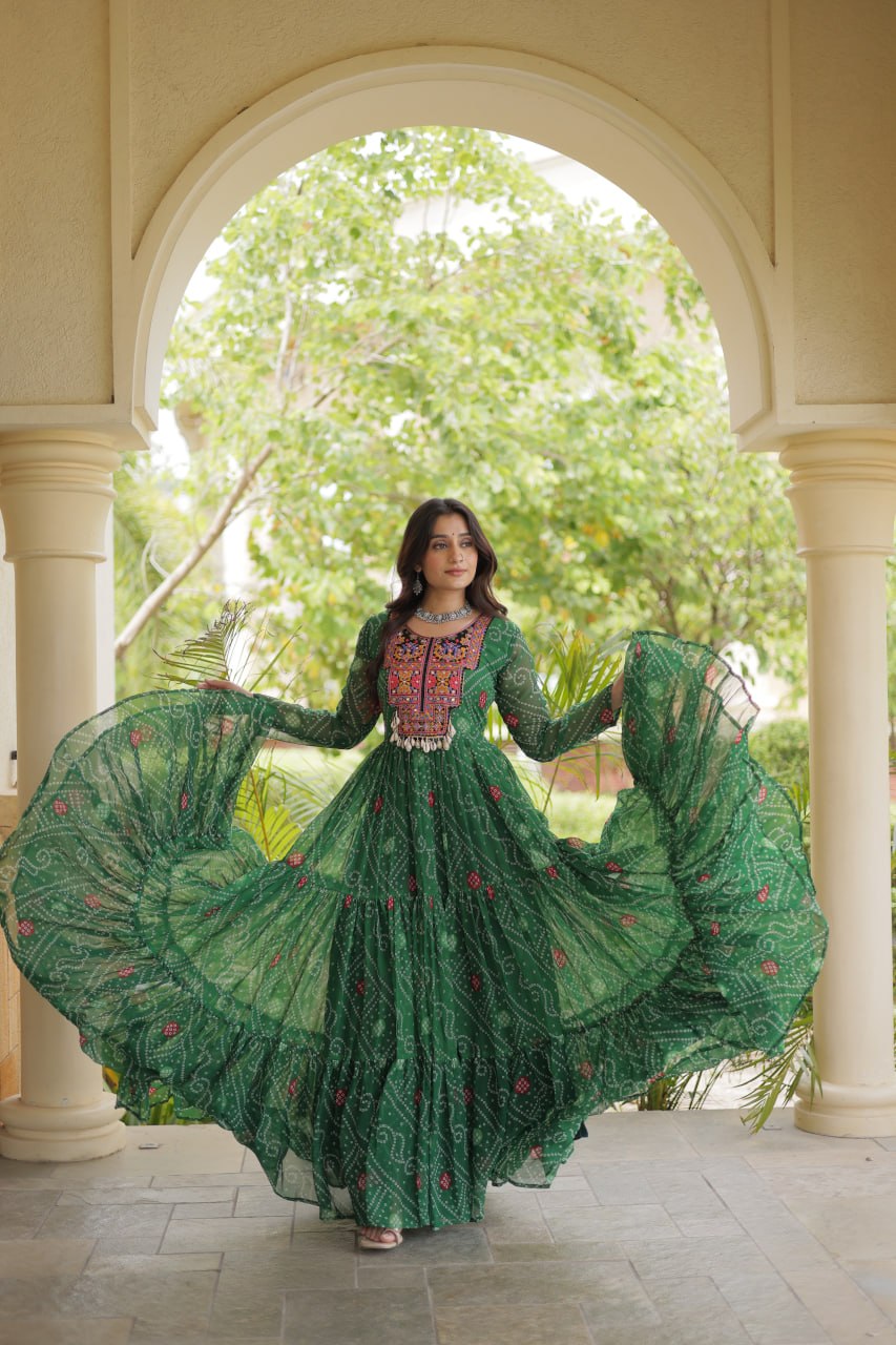 Green Bandhani Print Gown