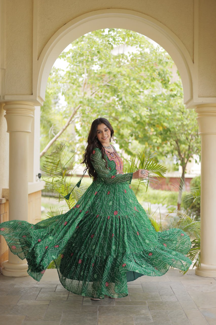 Green Bandhani Print Gown