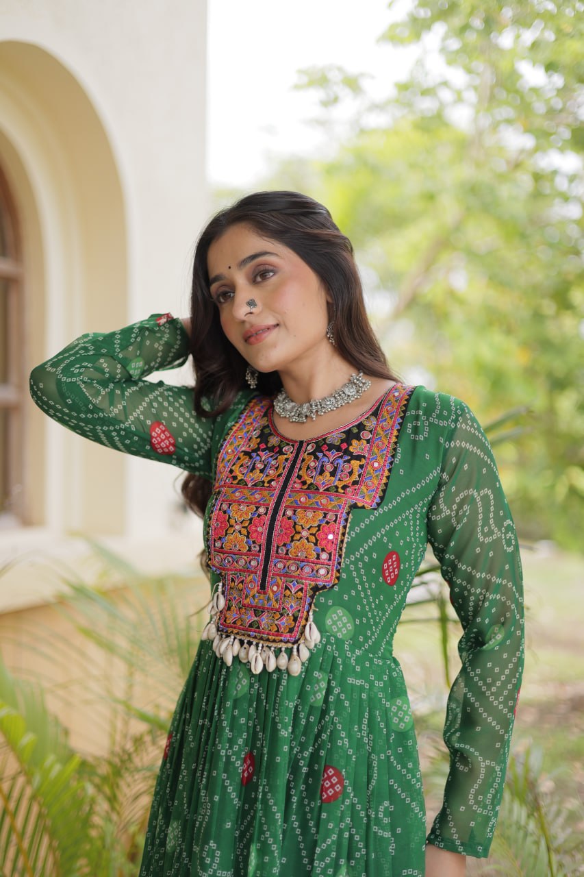 Green Bandhani Print Gown