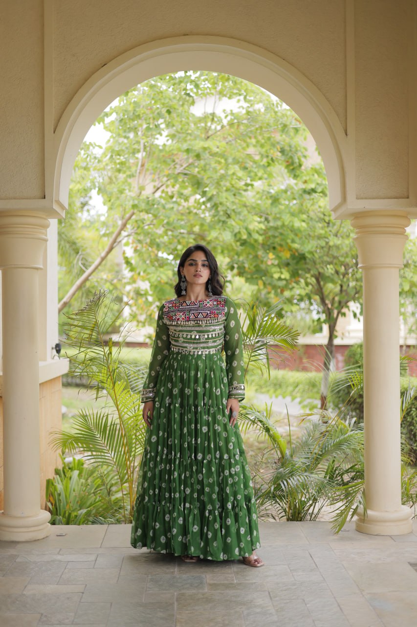 Green Bandhani Print Gown