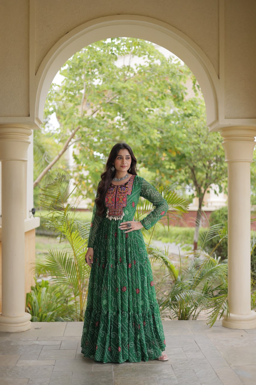 Green Bandhani Print Gown
