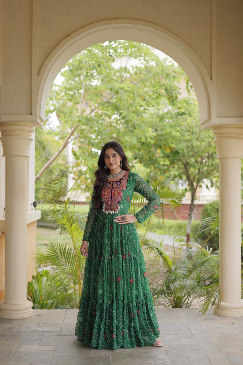 Green Bandhani Print Gown