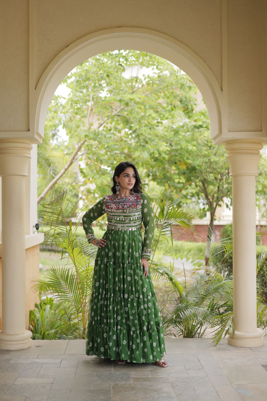 Green Bandhani Print Gown
