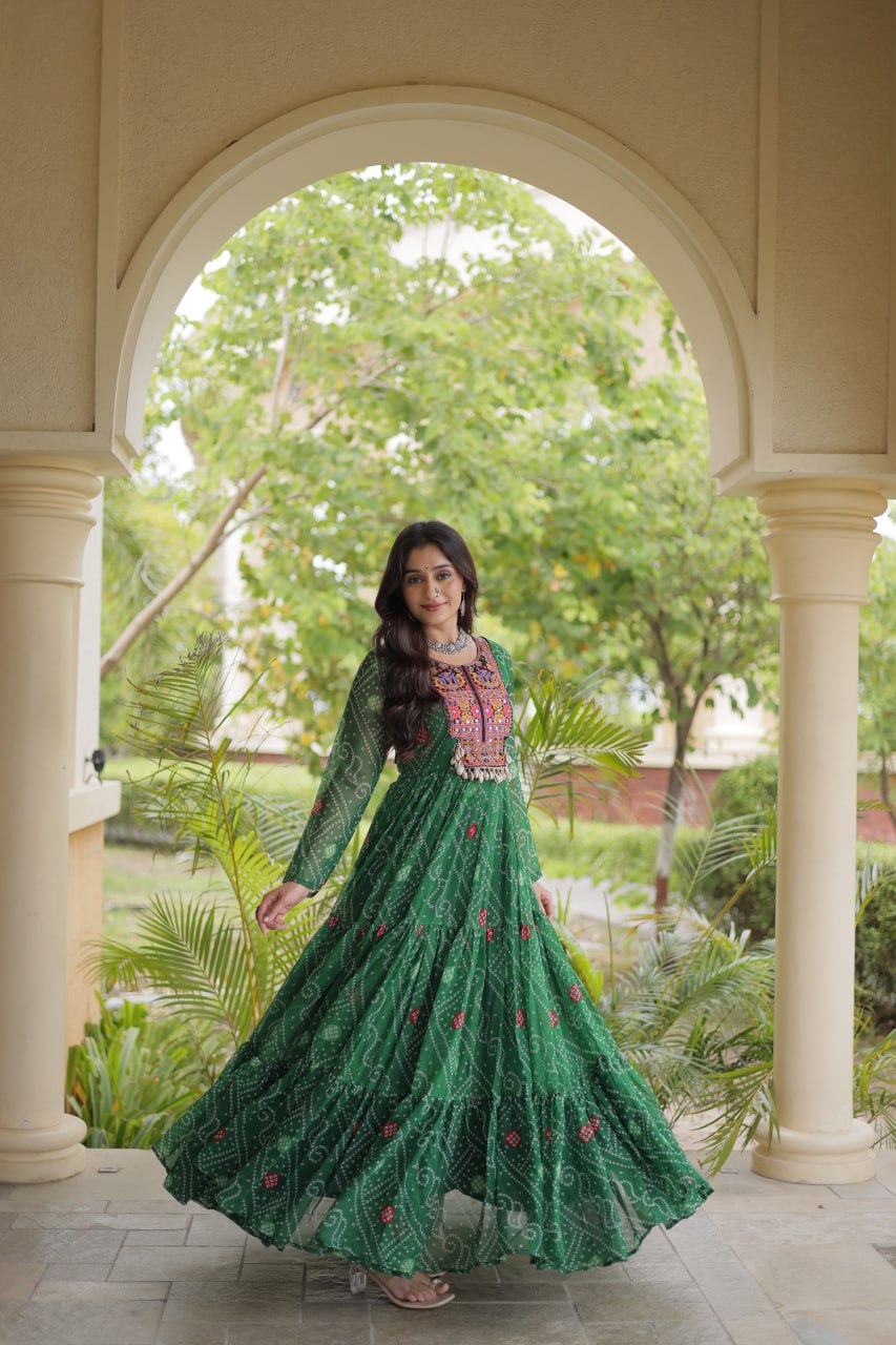 Green Bandhani Print Gown