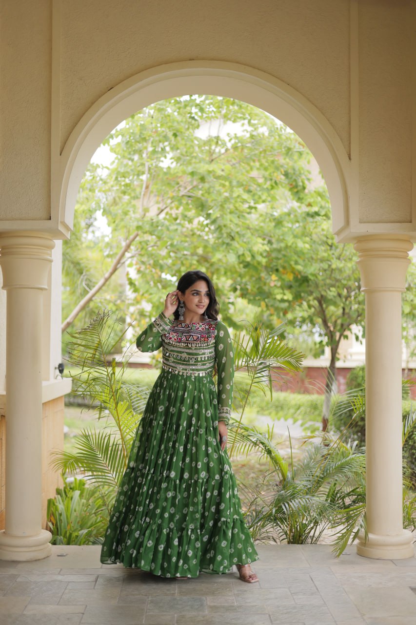 Green Bandhani Print Gown