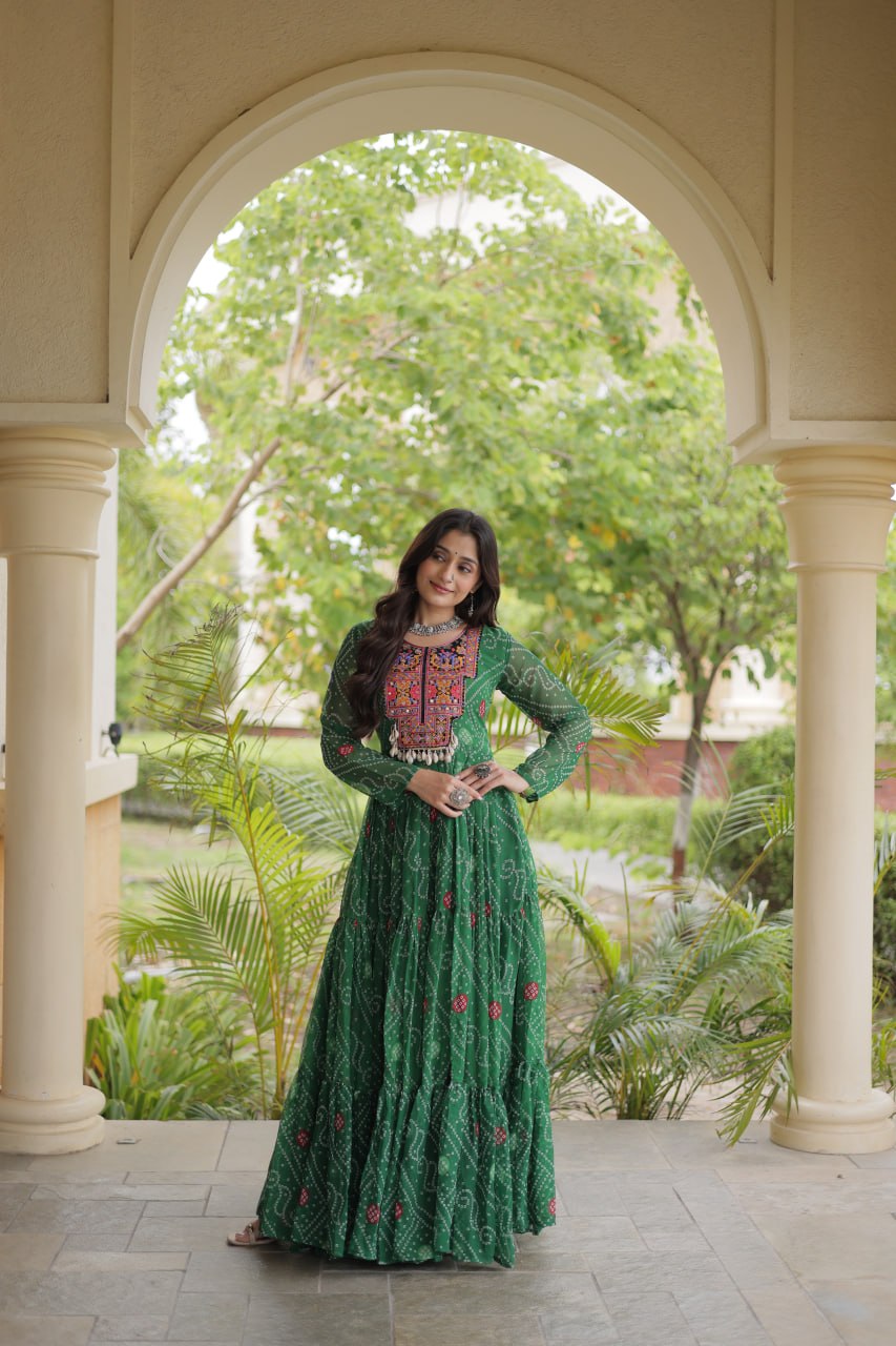 Green Bandhani Print Gown