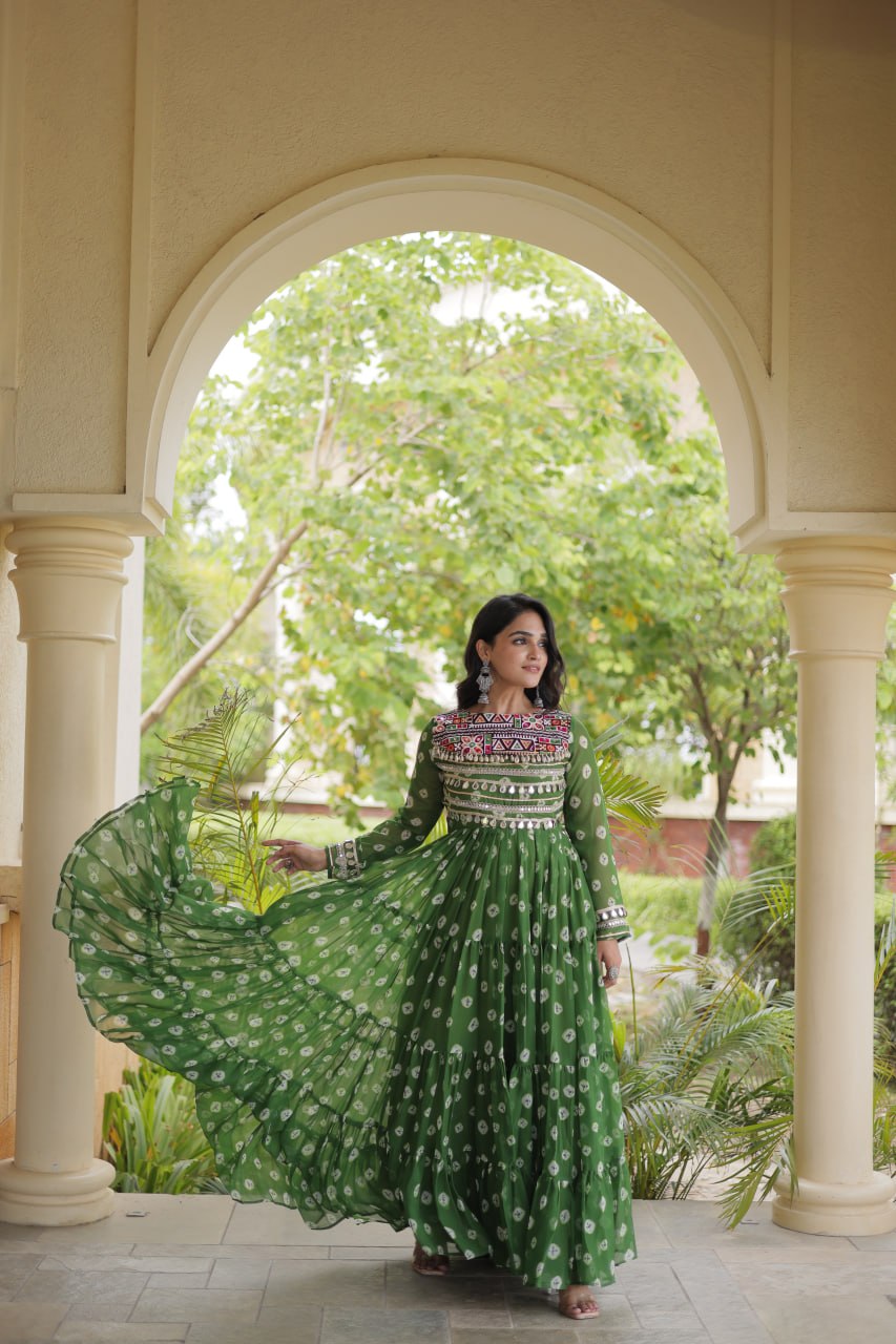 Green Bandhani Print Gown