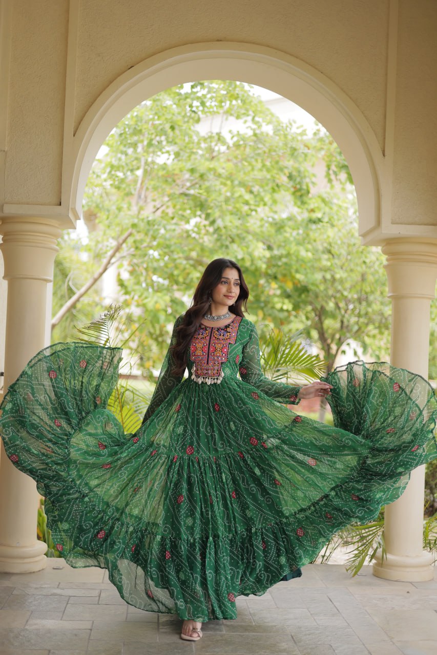 Green Bandhani Print Gown