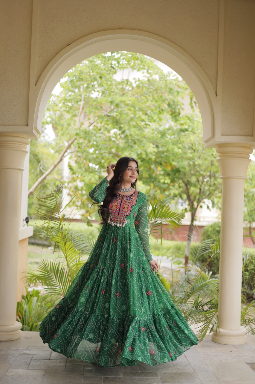 Green Bandhani Print Gown