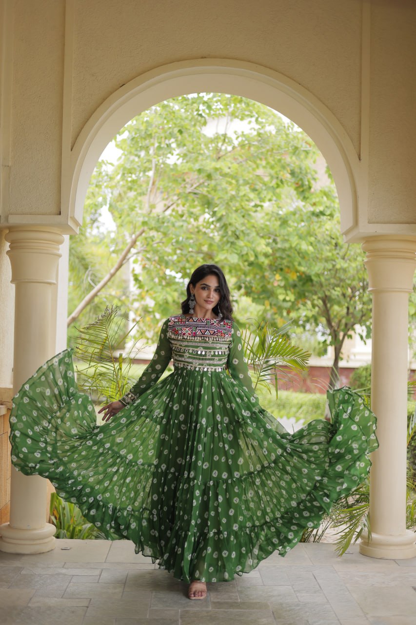 Green Bandhani Print Gown