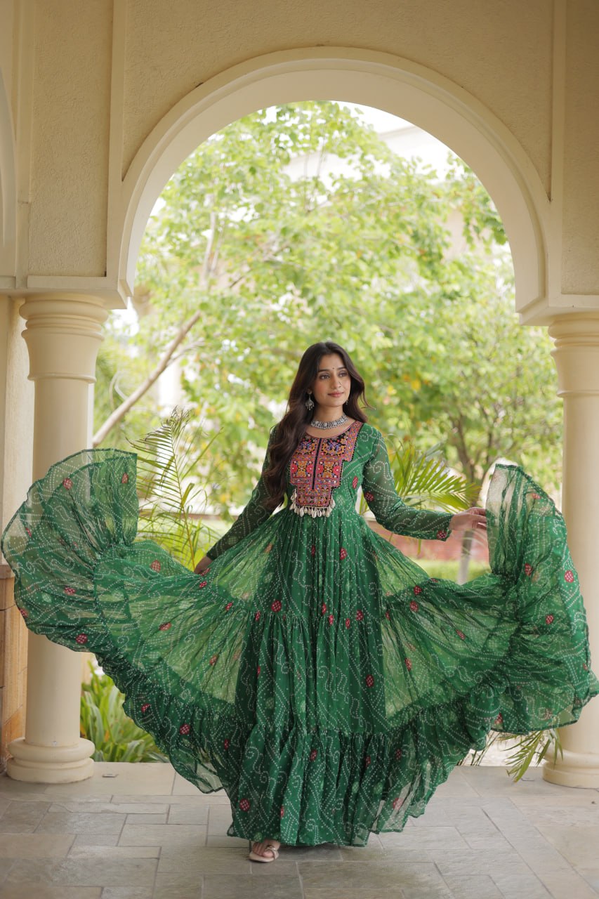 Green Bandhani Print Gown