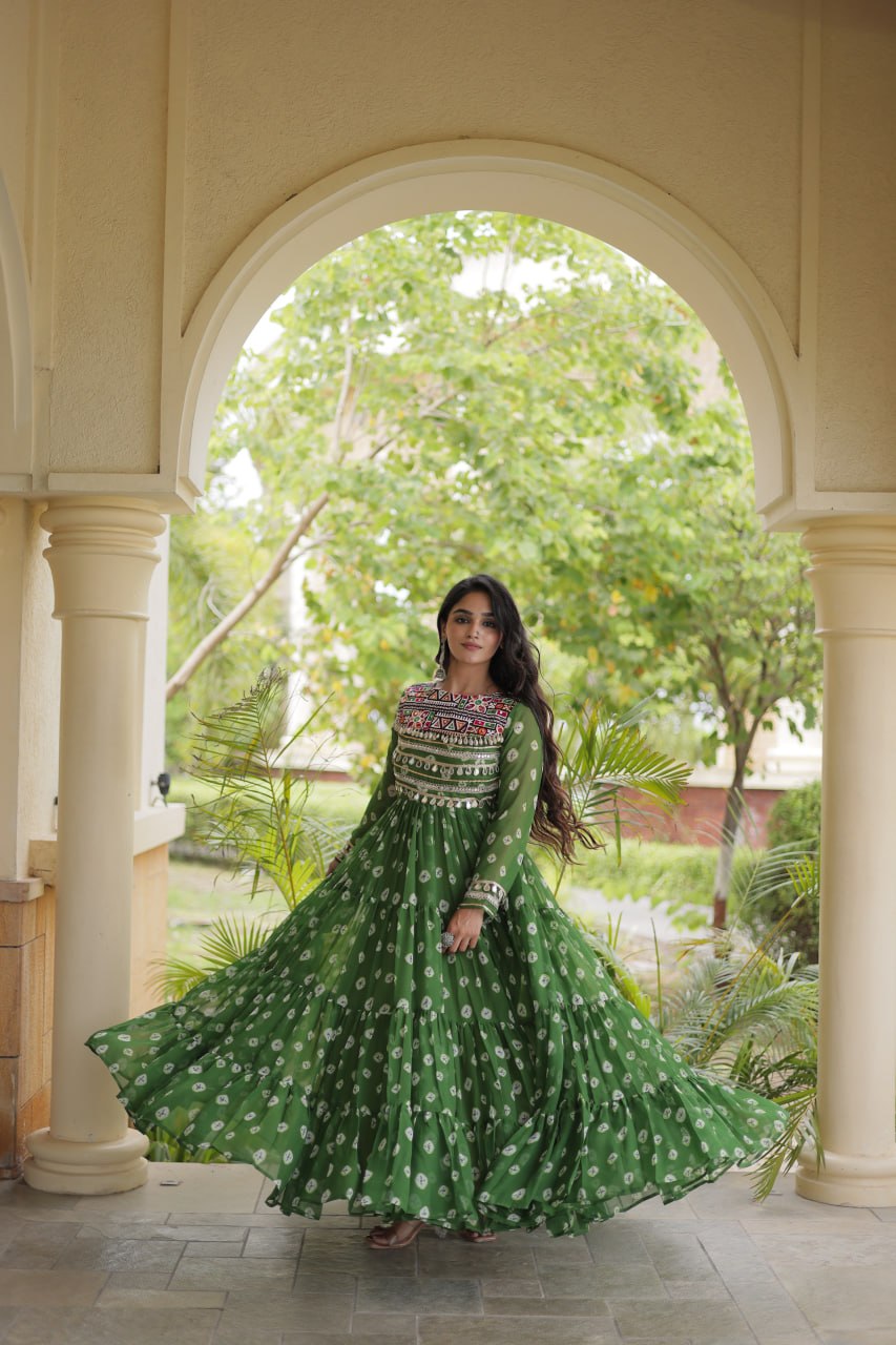 Green Bandhani Print Gown