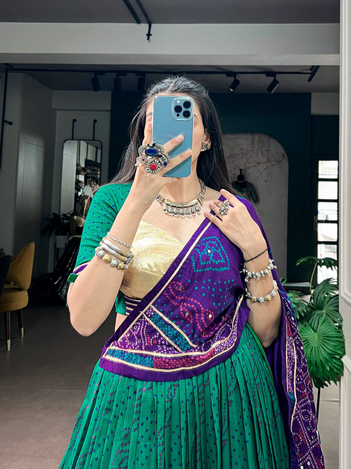Green Bandhej Lehenga with Gotta Patti Lace