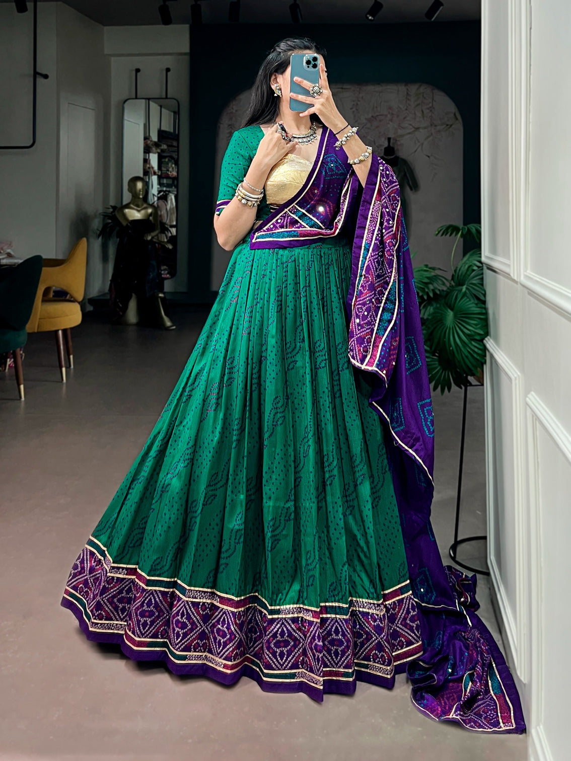 Green Bandhej Lehenga with Gotta Patti Lace