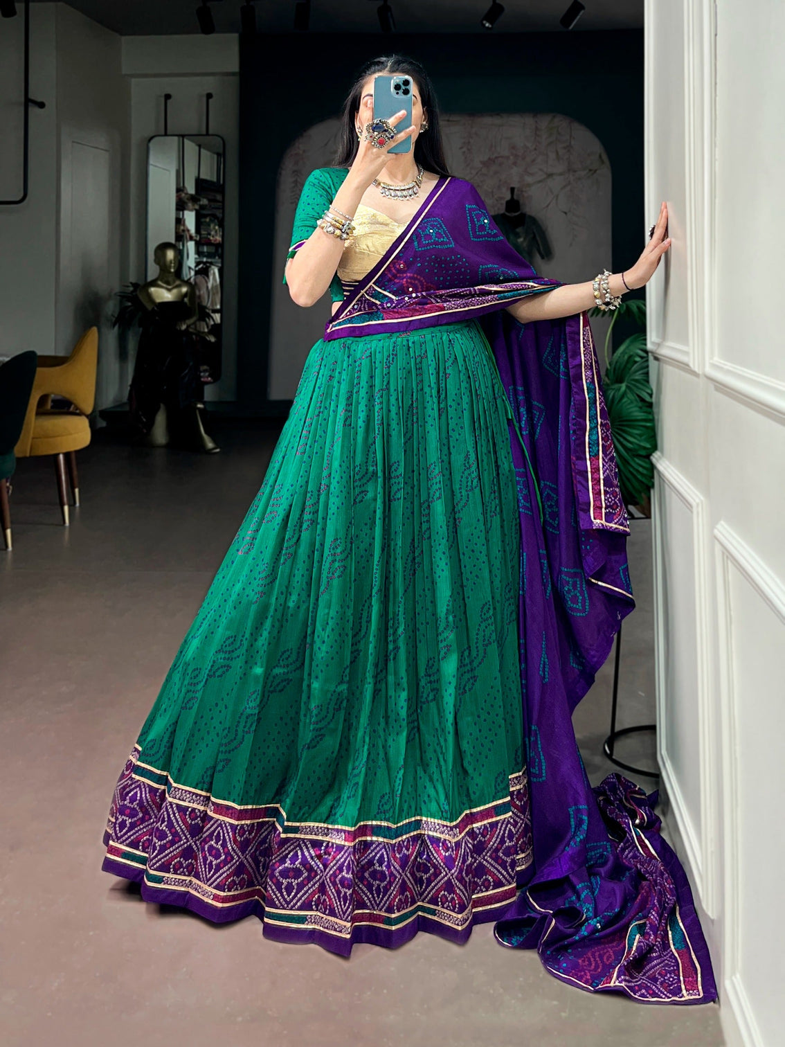 Green Bandhej Lehenga with Gotta Patti Lace