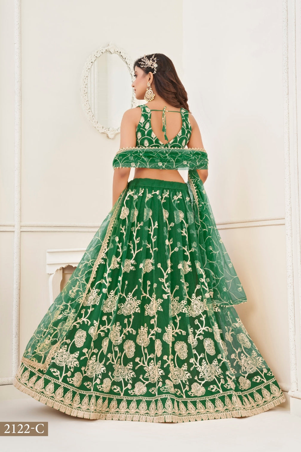 Green Butterfly Net Lehenga with White Cotton Thread Work and Sequence Embroidery