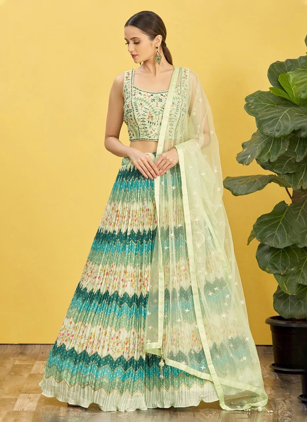 Green chinnon real mirror with thread zari sequins work lehenga