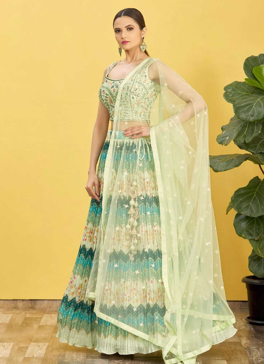 Green chinnon real mirror with thread zari sequins work lehenga