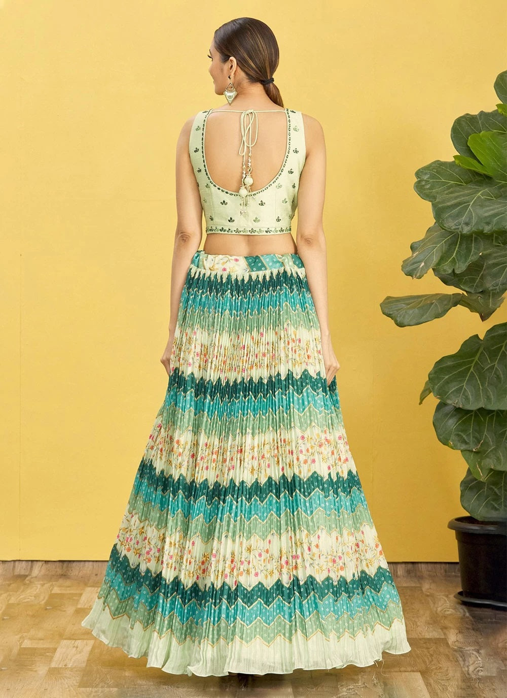 Green chinnon real mirror with thread zari sequins work lehenga
