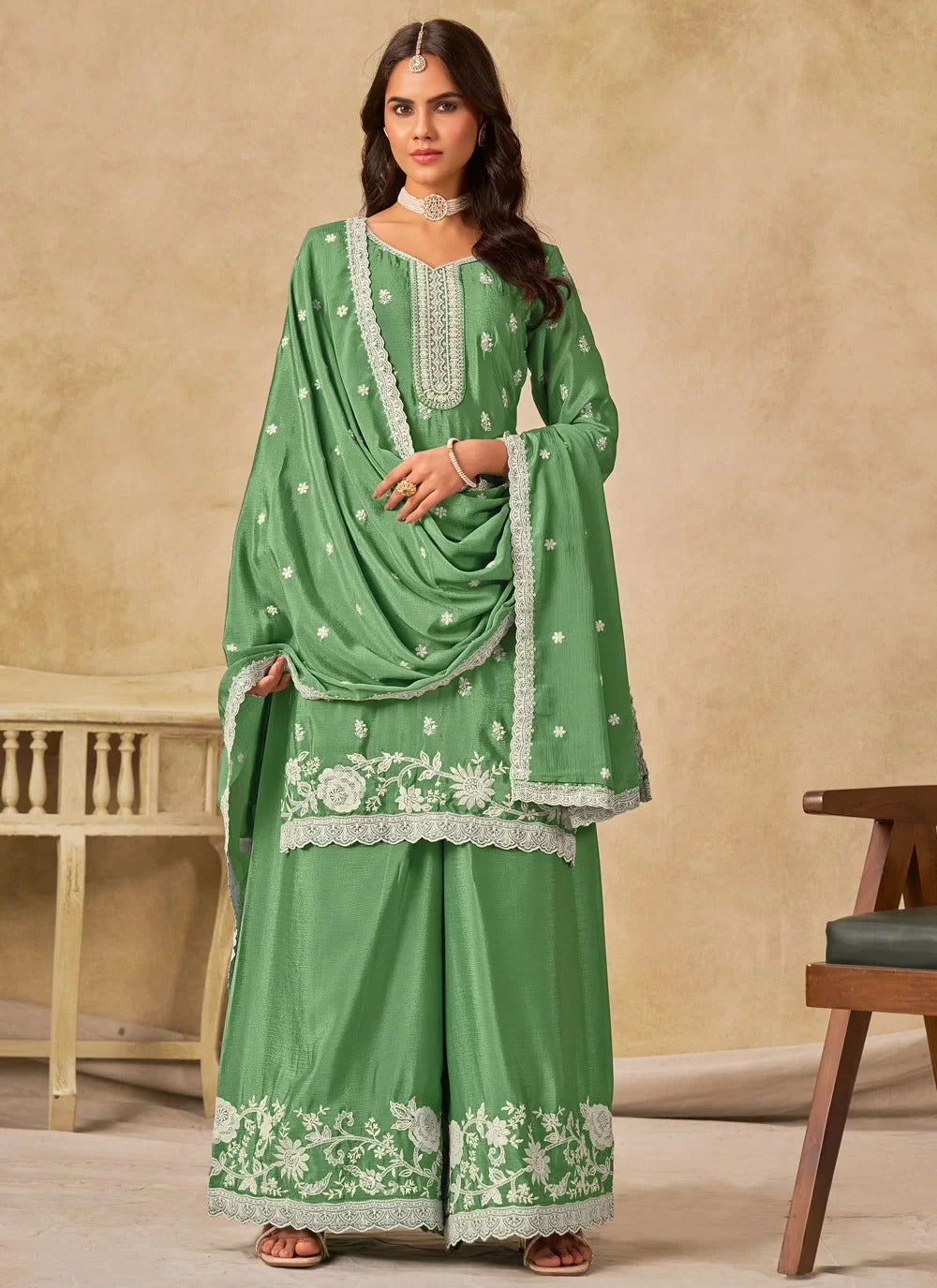 Gorgeous green chinnon silk embroidered palazzo salwar suit