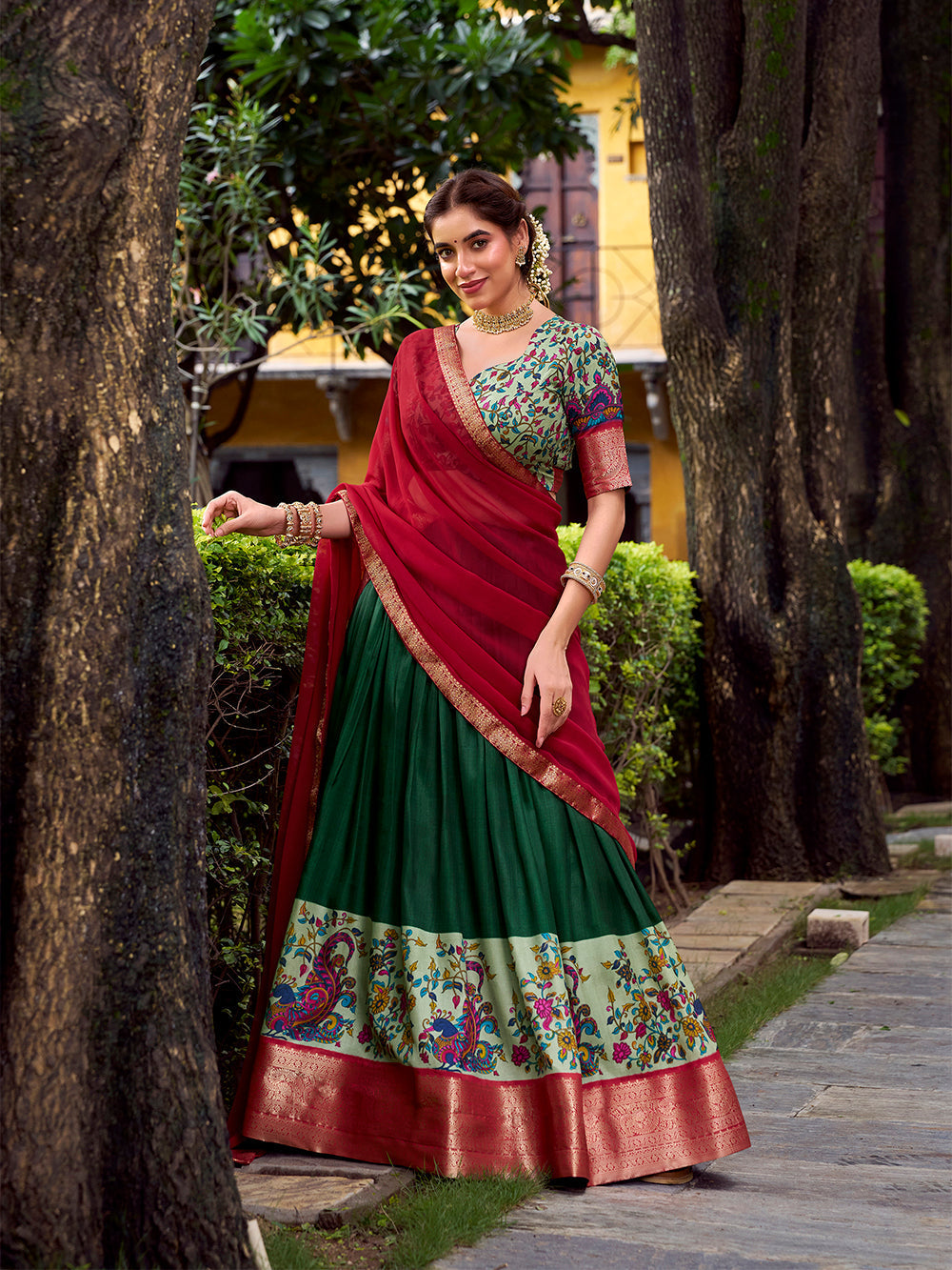 Green astha silk printed zari weaving work lehenga choli with georgette dupatta