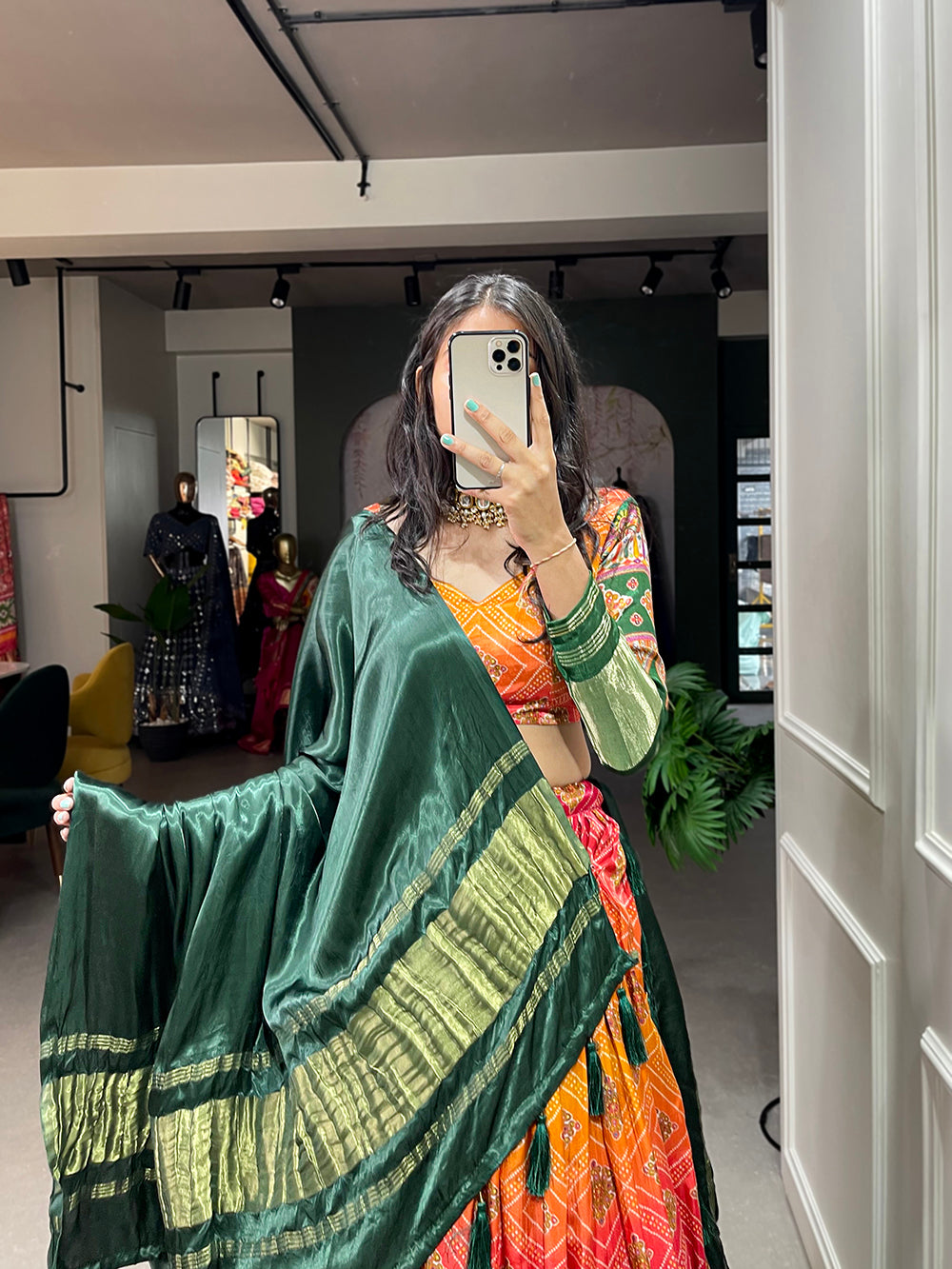 Green Color Patola Printed Gaji Silk Lehenga Choli