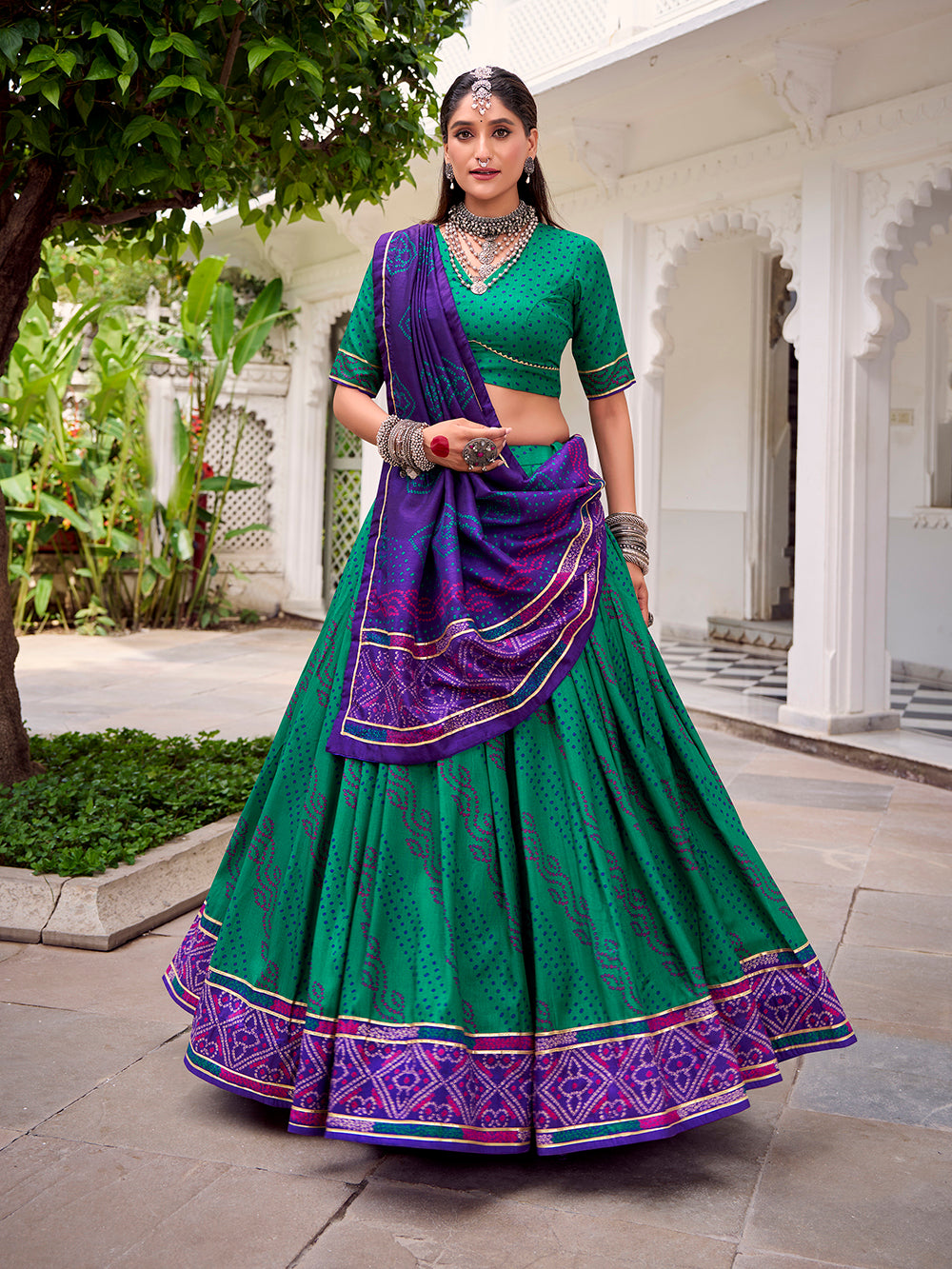 Green tasar silk bandhej print lehenga choli with gotta patti lace 4 meter flair
