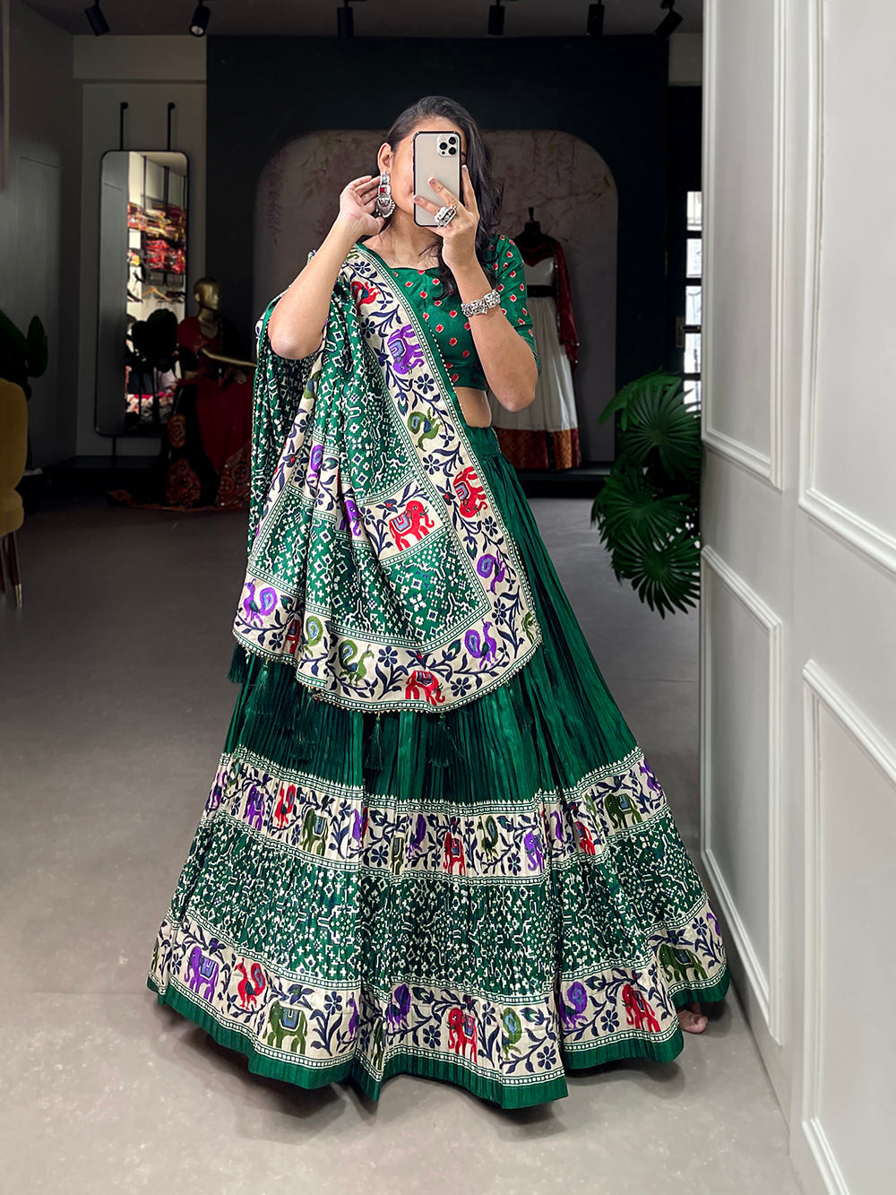 Green Color Bandhej Print With Patola Print Crushed Dola Silk Lehenga Choli