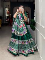 Green Color Bandhej Print With Patola Print Crushed Dola Silk Lehenga Choli