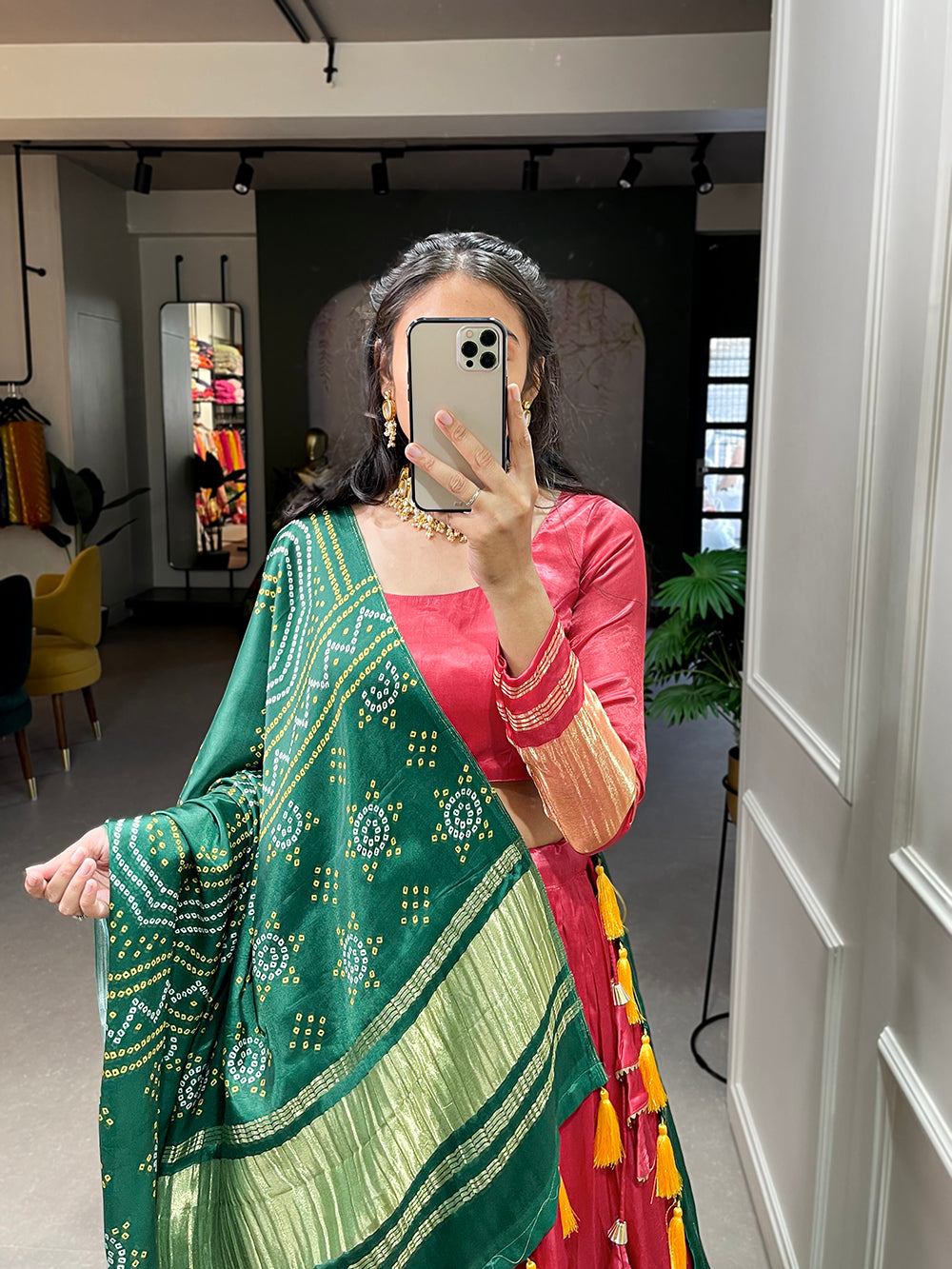 Salmon color dyeing with lagdi patta gaji silk lehenga choli