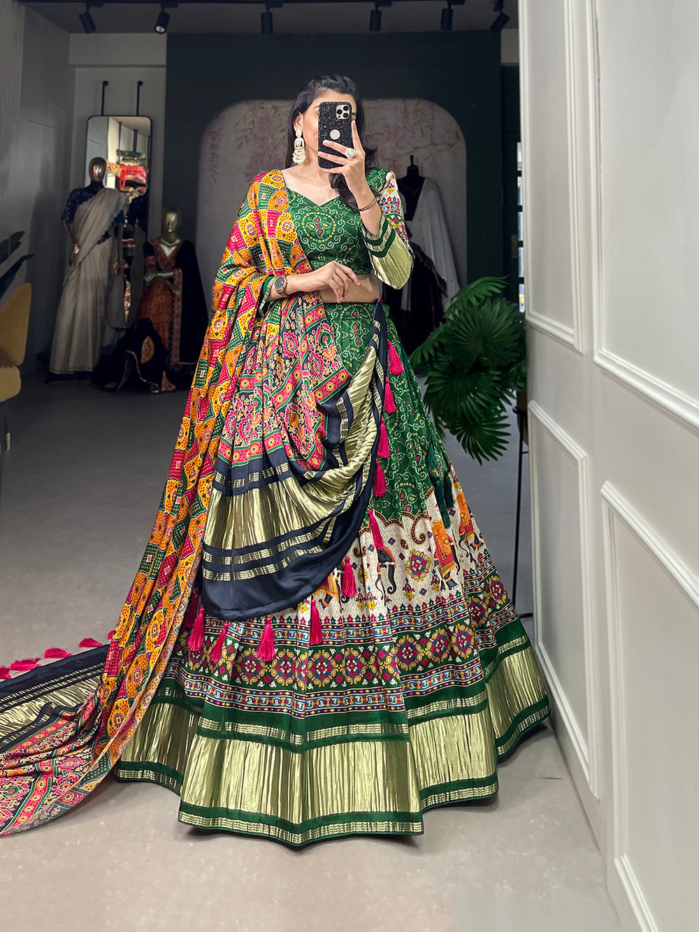 Green Color Digital Printed With Lagadi Patta Gaji Silk Lehenga Choli
