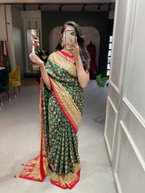 Green Color Foil Printed And Stone Work Dola Silk Saree