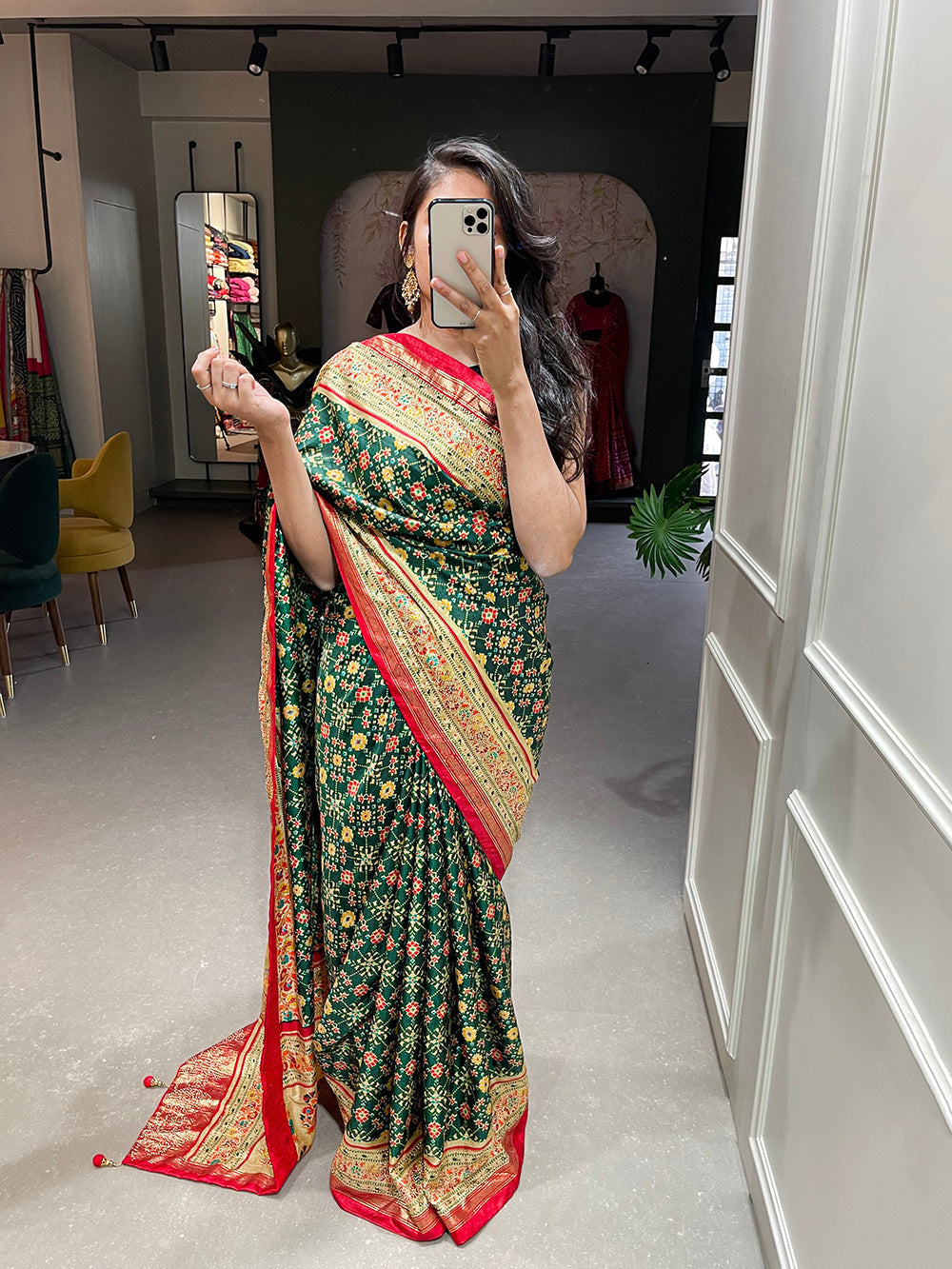 Green Color Foil Printed And Stone Work Dola Silk Saree