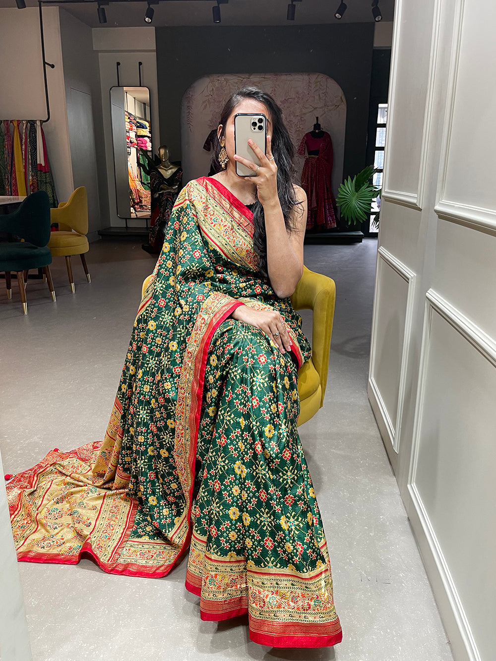 Green Color Foil Printed And Stone Work Dola Silk Saree