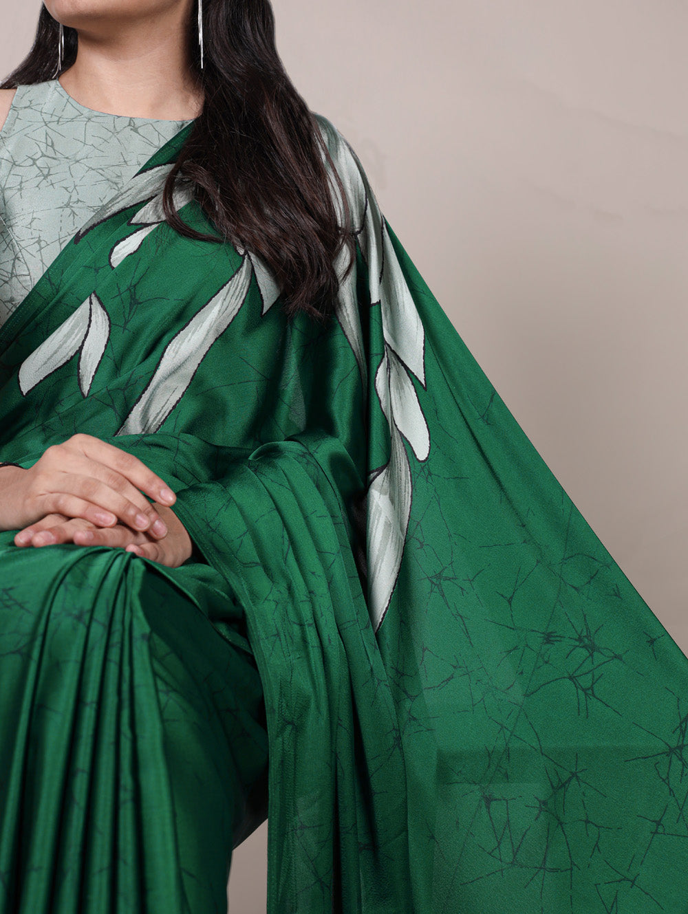 Green satin silk saree with floral print light green blouse