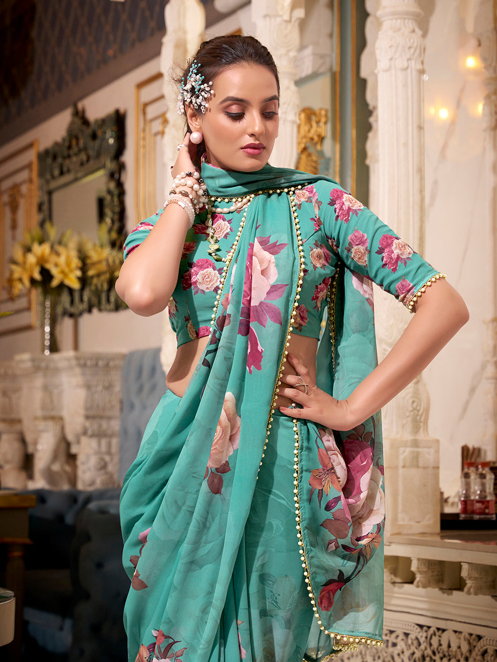 Green georgette printed saree with pearl lace border