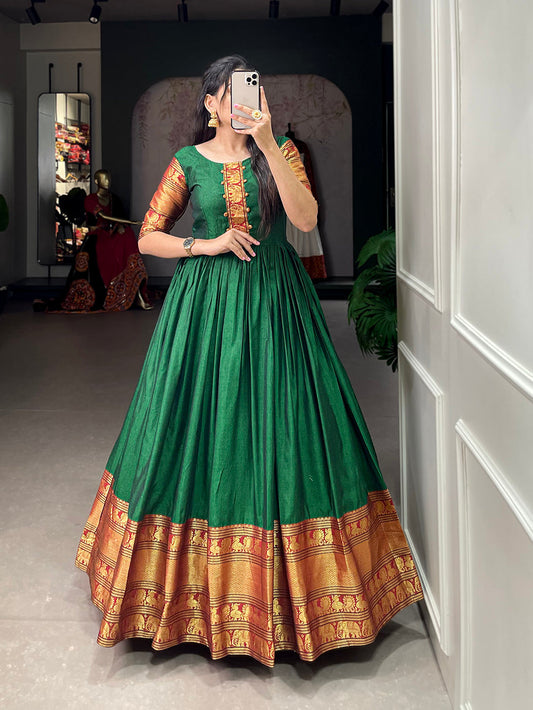 Green Color Zari Weaving Work Narayan Pet (Cotton) Dress