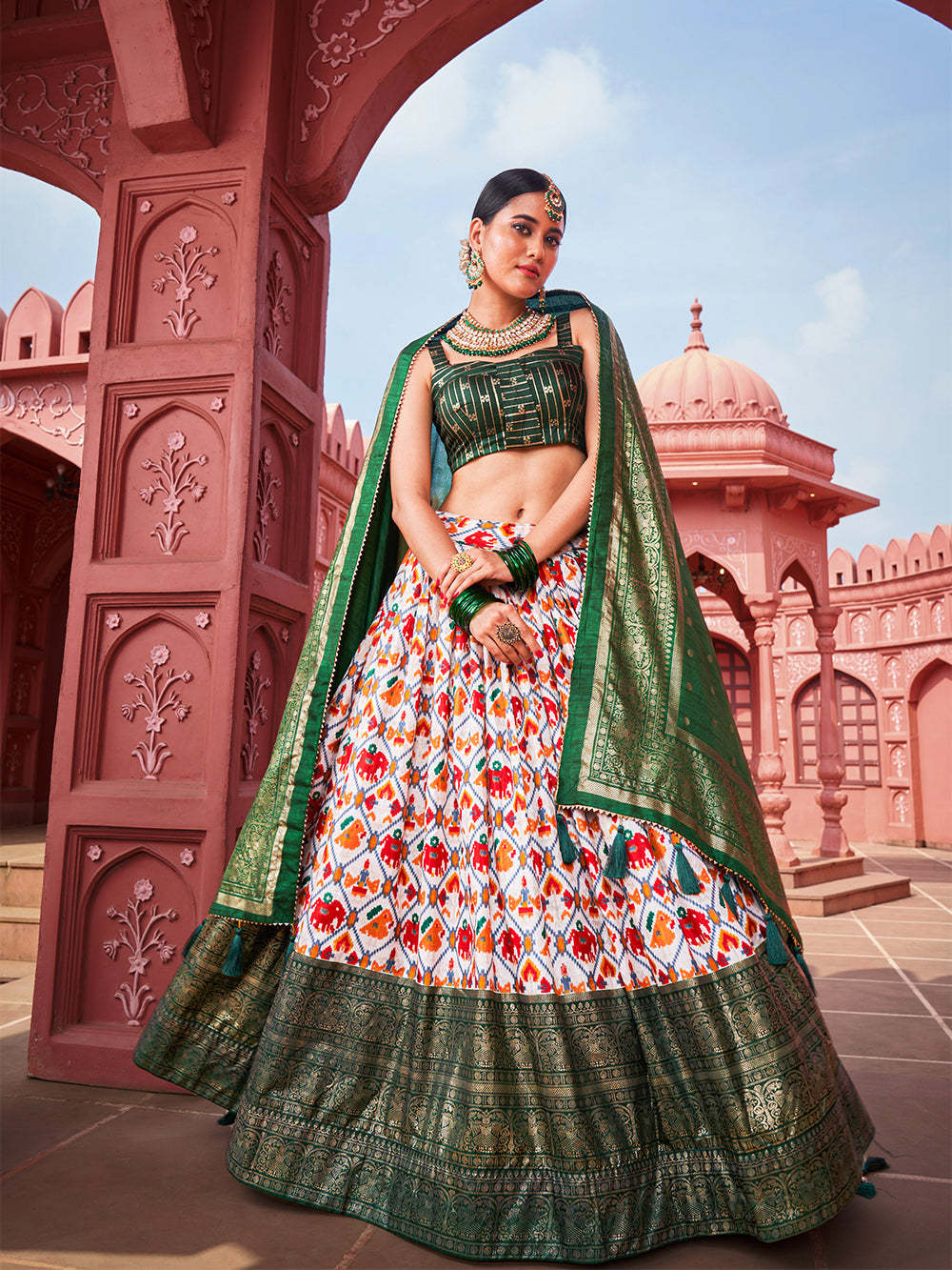Green Color Patola Printed Dola Silk Lehenga Choli