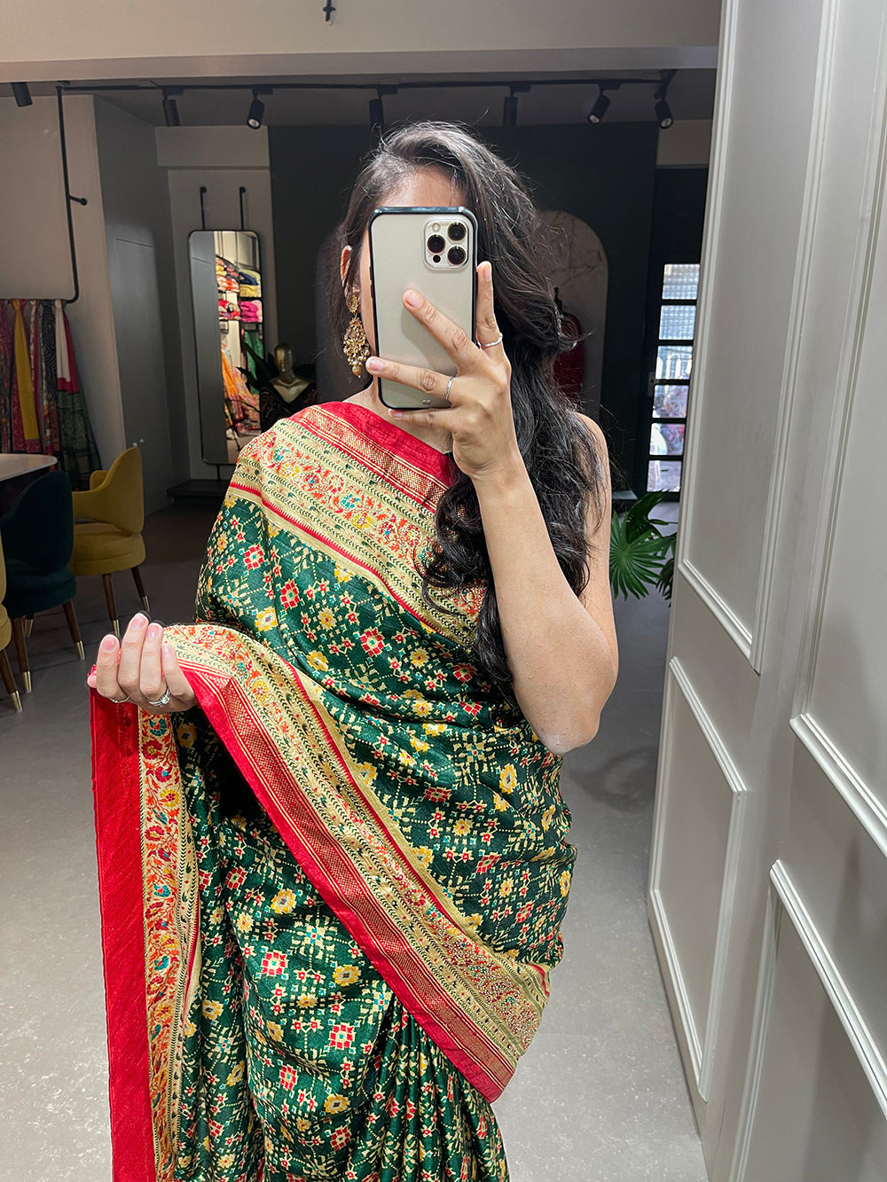 Green Color Foil Printed And Stone Work Dola Silk Saree