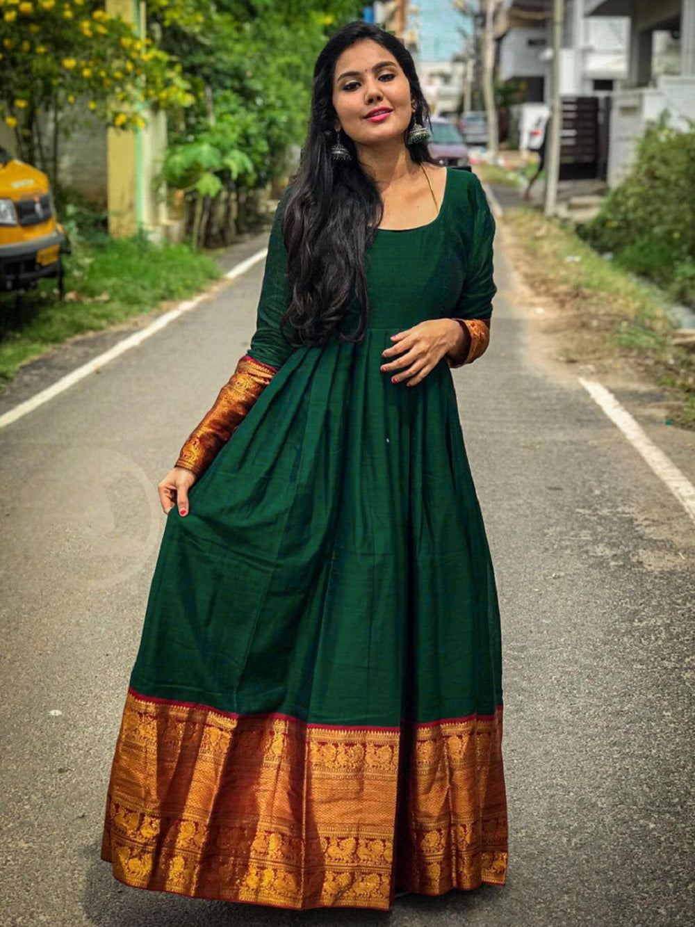 Green Color Weaving Zari Work Jacquard gown