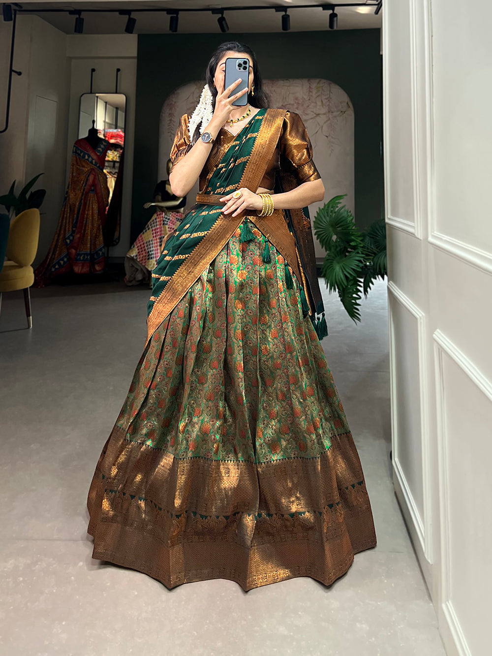 Green Color Zari Weaving Work Weaving Silk(Jacquard) Lehenga Choli