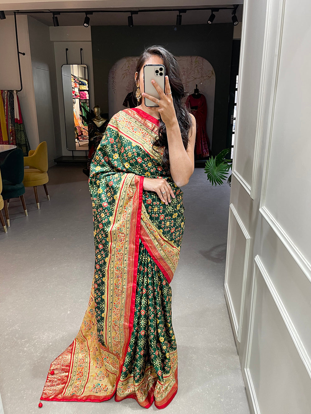 Green Color Foil Printed And Stone Work Dola Silk Saree