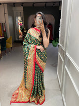 Green Color Foil Printed And Stone Work Dola Silk Saree